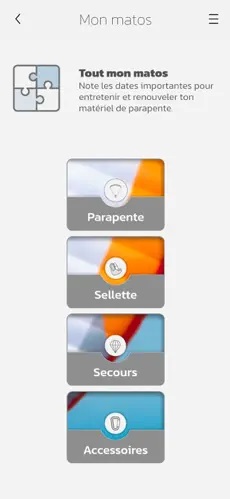 rubrique matériel sur l'appli vol parapente