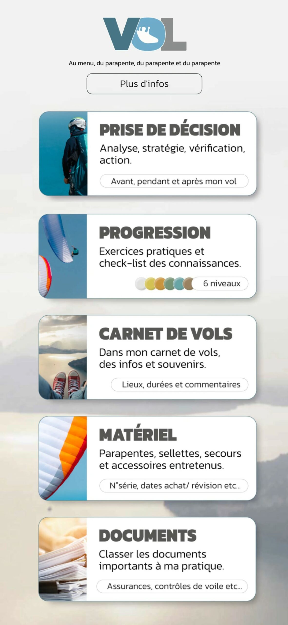 les rubriques sur l'appli vol parapente